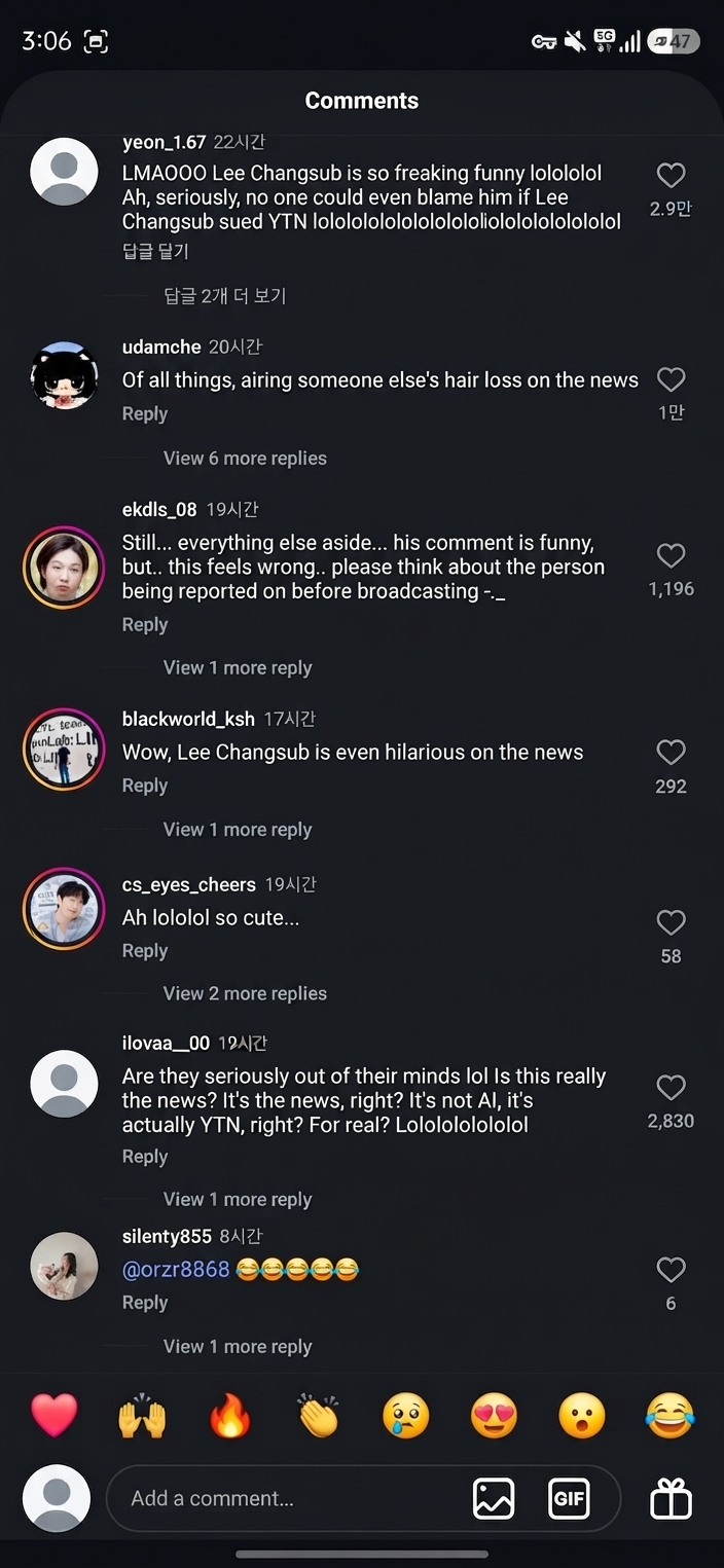 A screenshot of Instagram comments showing netizens laughing and reacting with bewilderment to the news report about Lee Changsub's hair loss medication