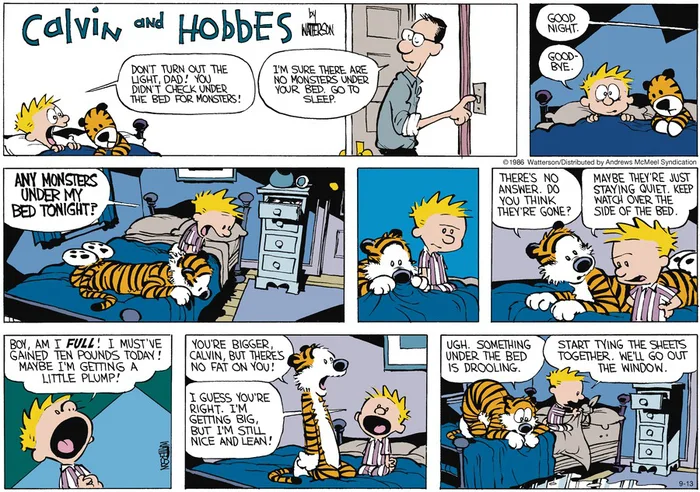 A classic Calvin and Hobbes comic strip where Calvin and Hobbes worry about monsters under the bed.