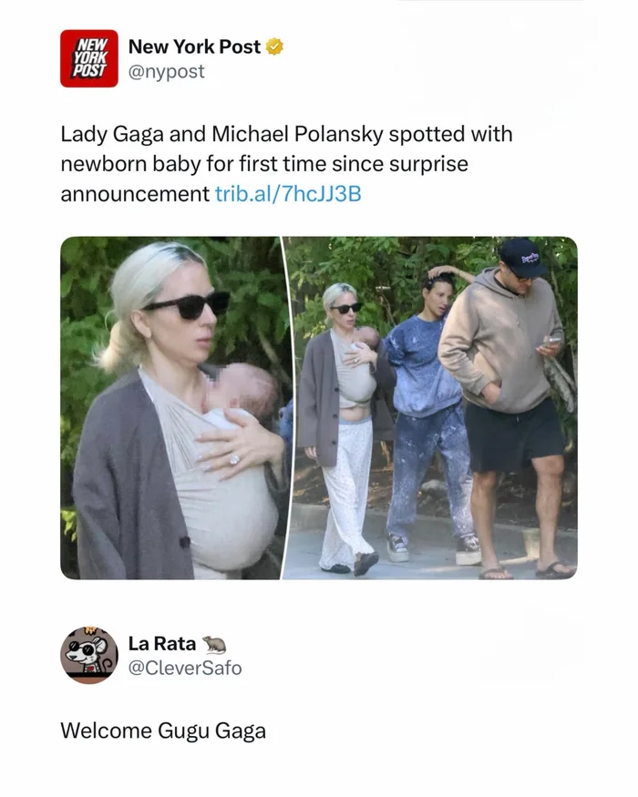 A social media screenshot of a New York Post report showing Lady Gaga carrying a newborn baby in a sling, followed by a user replying, 'Welcome Gugu Gaga'.