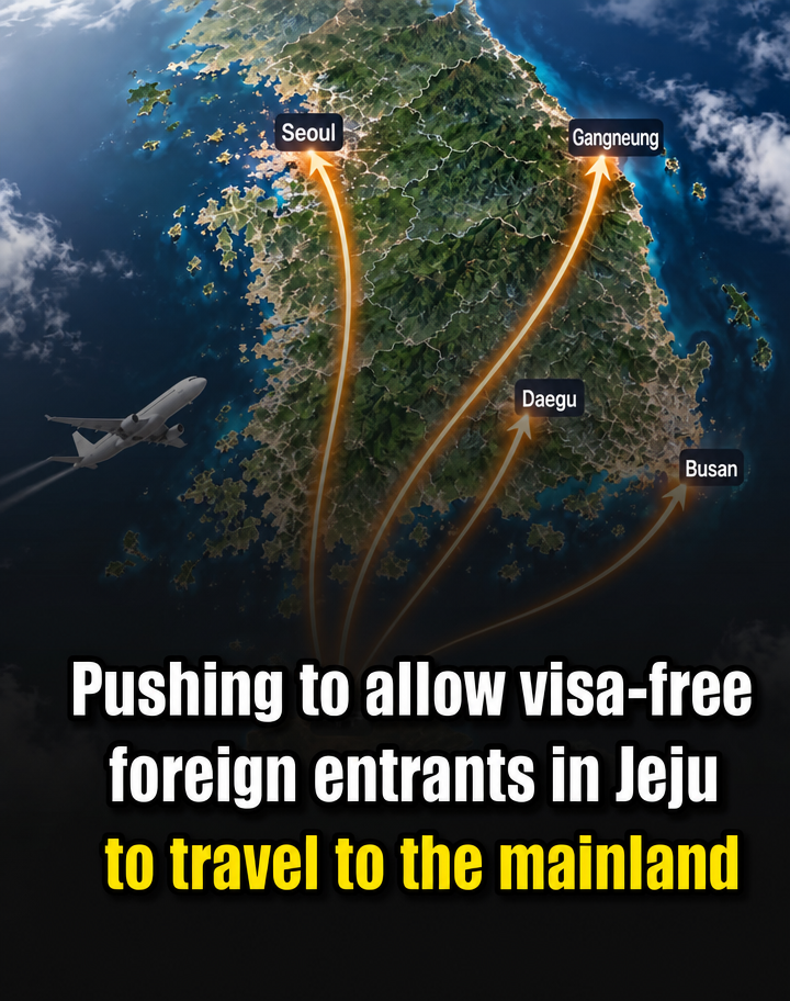 A news card image featuring a map of the Korean Peninsula with arrows and airplane graphics originating from Jeju to Seoul, Busan, Daegu, and Gangneung, captioned 'Push to allow visa-free foreigners in Jeju to travel to the mainland'.