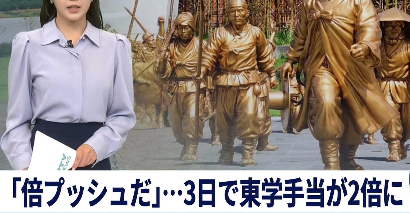 ニュースキャスターの後方に東学農民革命の記念モニュメントが映し出され、下部に「『倍プッシュだ』…3日で東学手当が2倍に」という字幕が表示された報道画面。