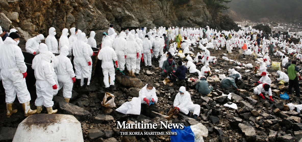 A vast number of cleanup volunteers filling the rocky beach.