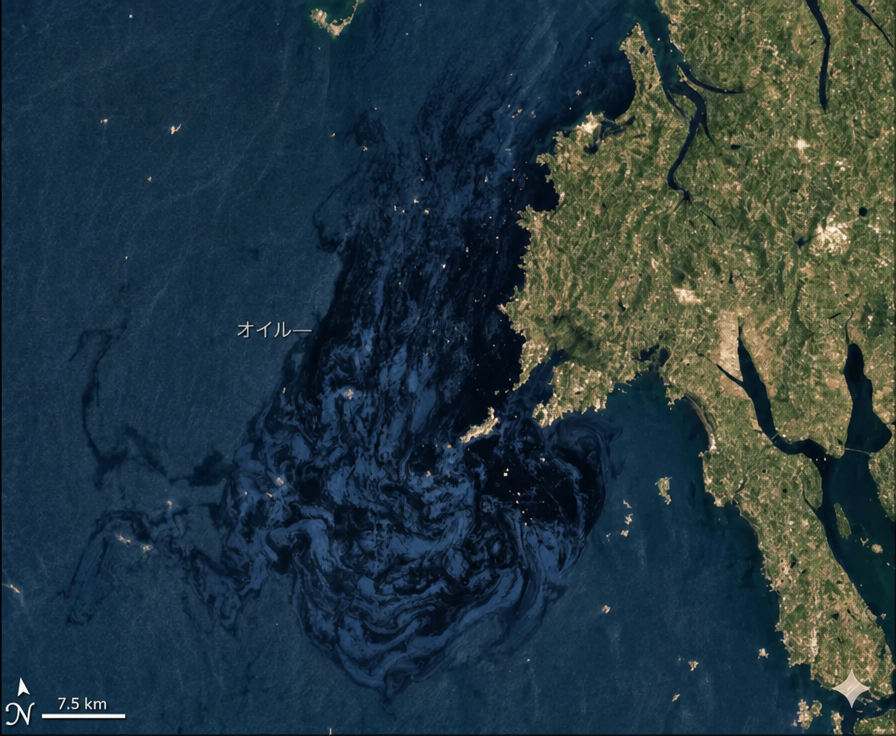 泰安（テアン）沖の衛星写真に、黒く広がった巨大な油流出帯がはっきりと見える様子