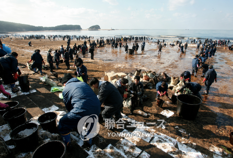 広々と広がった白浜で、ひしゃくやバケツを持って並び、油カスを運び出して拭き取っているボランティアたち