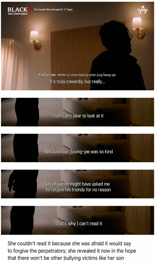 A screenshot from a Channel A program where the mother of the late school bullying victim, Jung Seung-jae, opens up about why she couldn't read his suicide note for 11 years.
