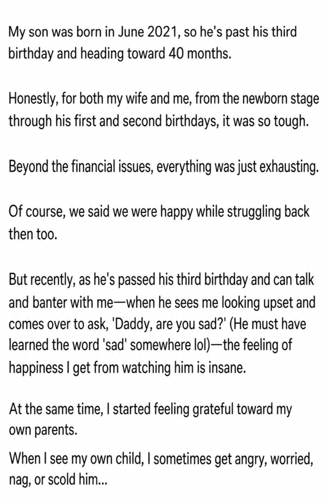 The second screenshot of the post describing the joy of the child turning three, communicating, and the father gaining a deeper understanding of his own parents.