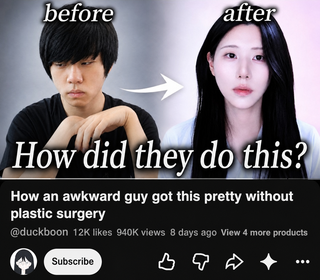 A screenshot of a YouTube video thumbnail and title showing a man completely transforming into a feminine appearance without plastic surgery. A side-by-side comparison displays a shaggy-haired man on the left and an elegant feminine look with long straight hair on the right.