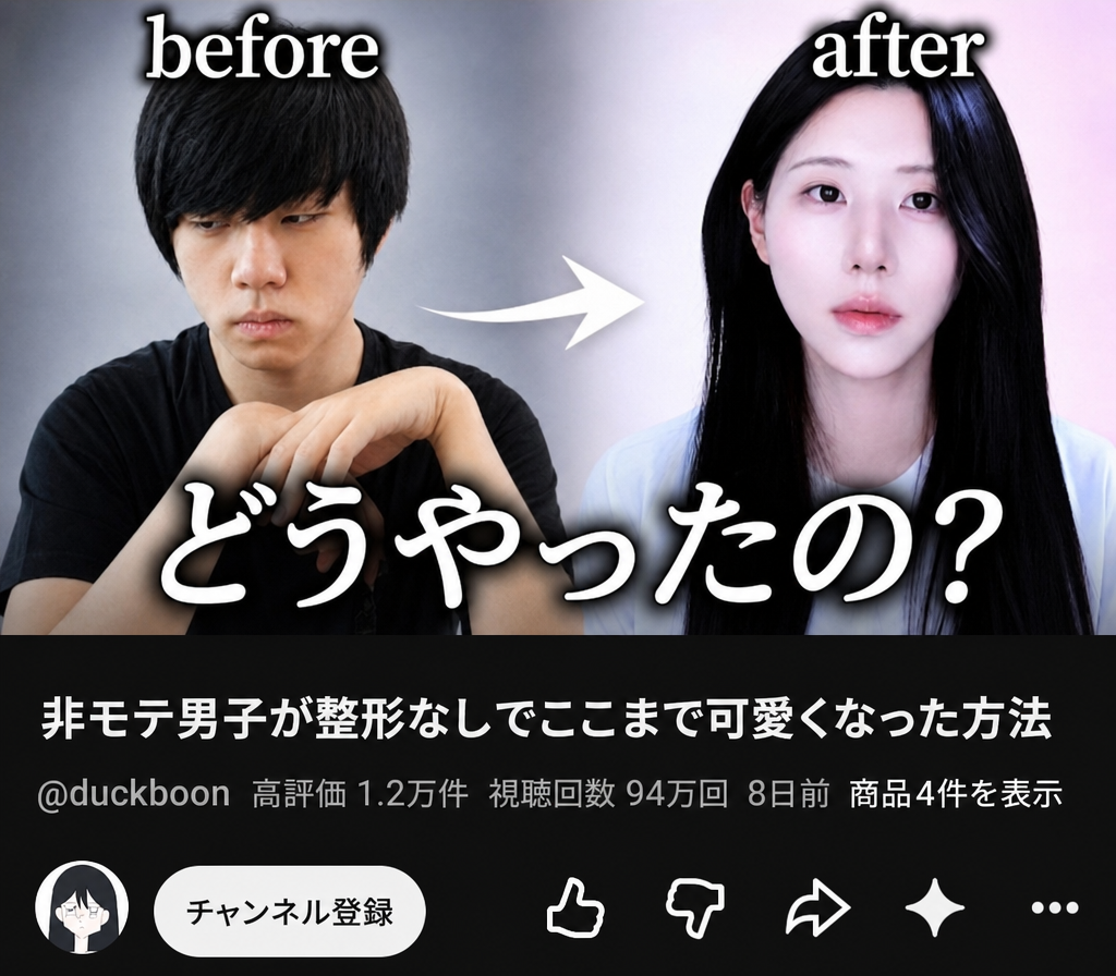 男性が整形手術なしで完全に女性のような姿に変身したYouTube動画のサムネイルとタイトルのキャプチャ画面。左側のボサボサ髪の男性の姿と、右側の清楚なストレートロングヘアの姿が並べて比較されている。
