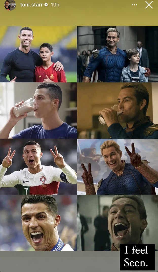 A screenshot of an Instagram story by Antony Starr featuring a side-by-side comparison of Ronaldo and Homelander with the caption 'I feel Seen.'