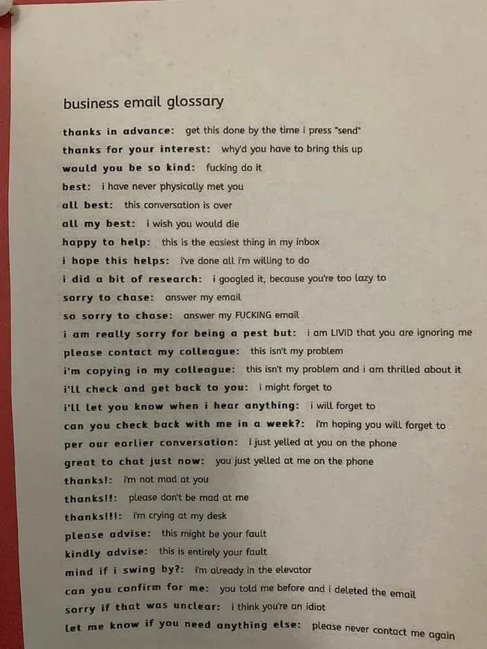 A printed sheet titled 'business email glossary' that humorously translates common polite corporate email phrases into blunt, realistic workplace thoughts.