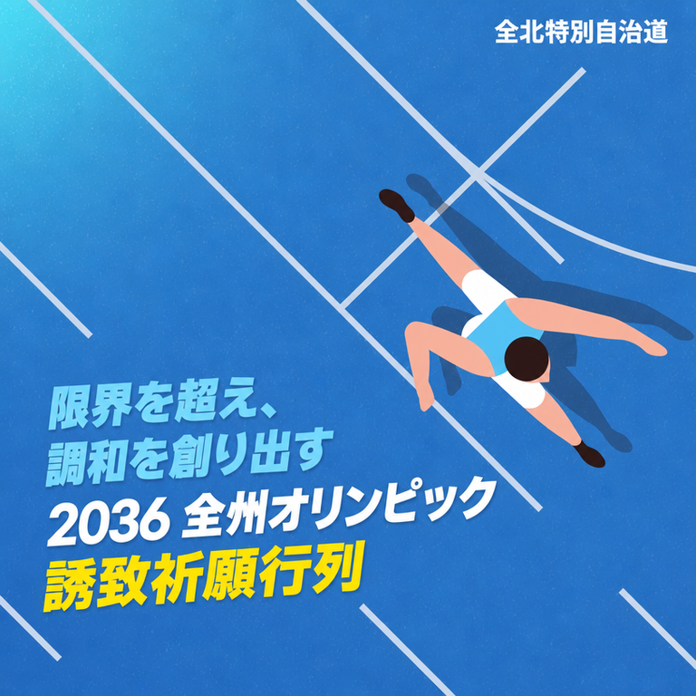 トラックを走る陸上選手のアートと、2036年全州オリンピック誘致祈願行列の文字が書かれたポスター。
