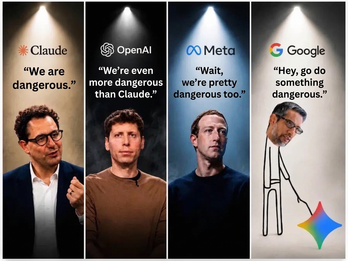A meme where the CEOs of Claude, OpenAI, and Meta claim their AI is dangerous, while Google's Sundar Pichai pokes Gemini with a stick telling it to do something dangerous.