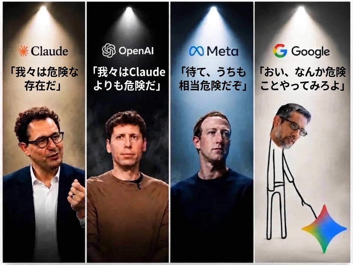 Claude、OpenAI、MetaのCEOたちが自社のAIは危険だと主張する一方、Googleのスンダー・ピチャイが棒でGeminiをつついて何か危険なことをしろと促しているミーム