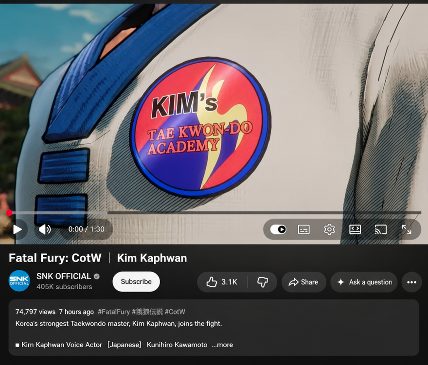 Screenshot from the Fatal Fury: City of the Wolves (CotW) trailer showing the Kim Kaphwan Taekwondo gym logo on his uniform chest