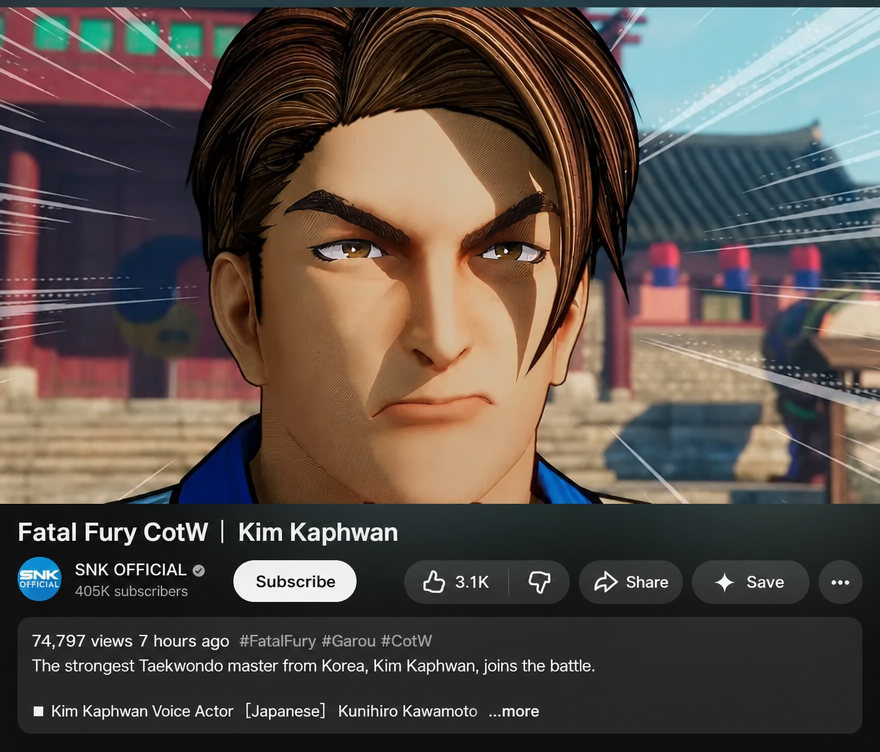 Close-up shot of Kim Kaphwan's noticeably aged and serious face in the new Fatal Fury trailer