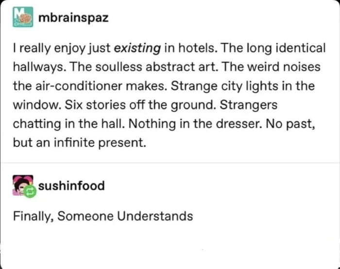 Screenshot of a Tumblr post by mbrainspaz describing the peculiar comfort of existing in hotels, replied to by sushinfood.