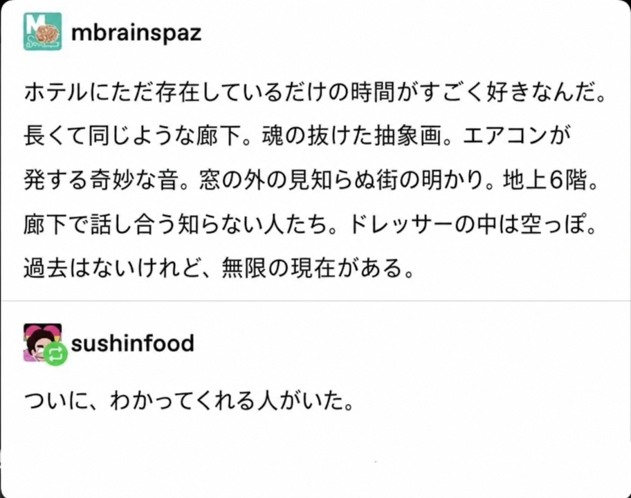 mbrainspazがホテルにいることの奇妙な心地よさを語り、sushinfoodがそれに返信しているTumblr投稿のスクリーンショット。