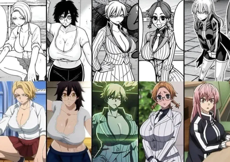 An image showing side-by-side comparisons of female manga characters in their original black-and-white panels and their colored anime counterparts, highlighting the difference in body volume.