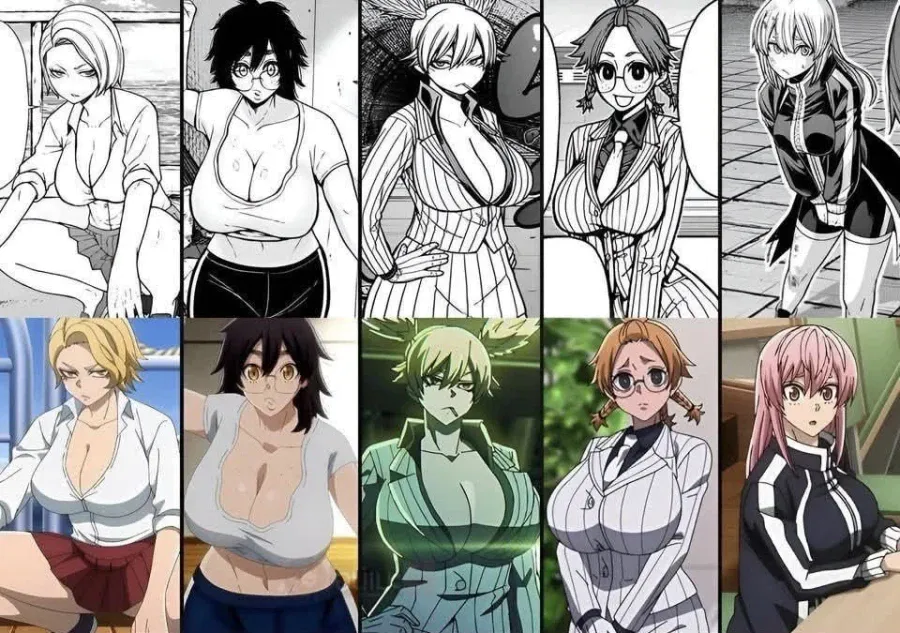 同じ女性漫画キャラクターの原作のモノクロカットとアニメのカラーシーンを並べて、体型のボリューム感の違いを示している画像