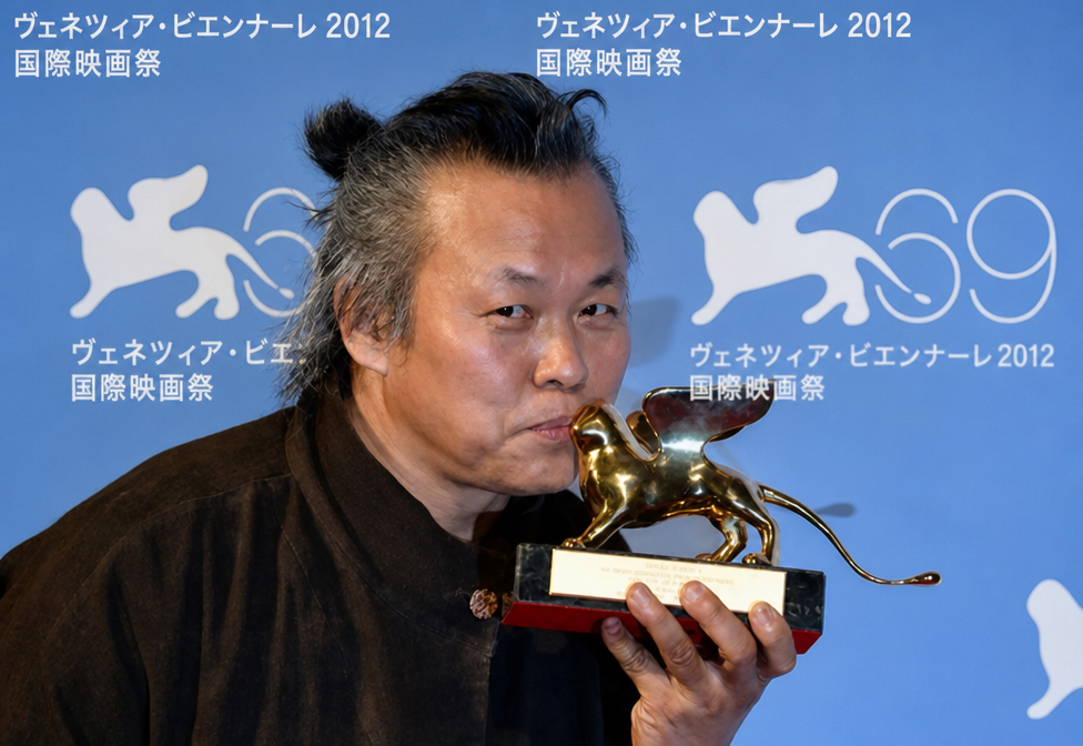 ヴェネツィア国際映画祭の金獅子賞トロフィーにキスをするキム・ギドク監督の姿