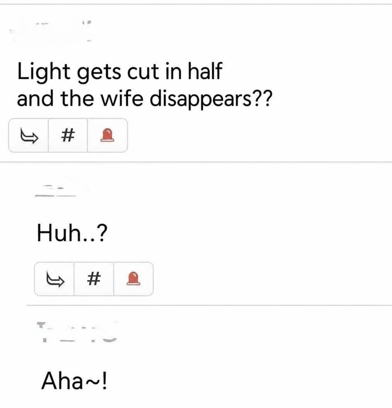 Screenshot of an online community comment expressing amazement at the idea that debt gets cut in half and the spouse disappears too.