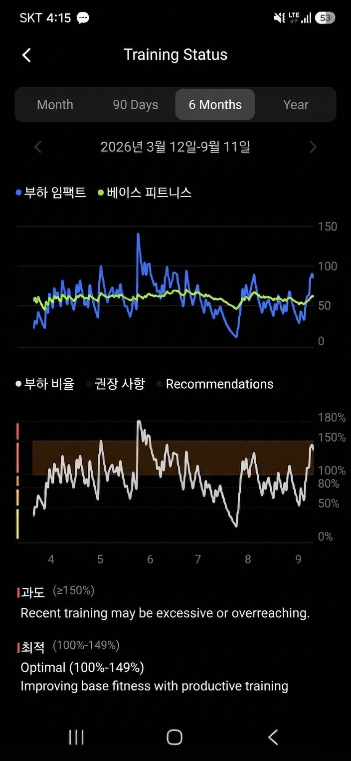 Screen of a running watch app showing training load and fitness status graphs
