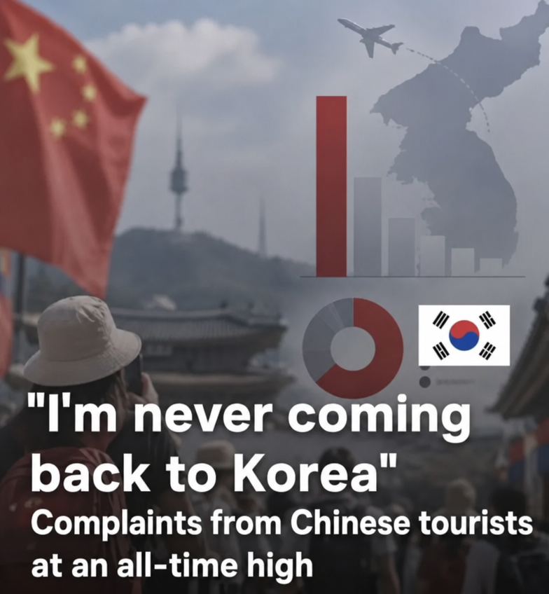 News graphic with the headline 'Record number of complaints from Chinese tourists: "Never coming back to Korea again"'
