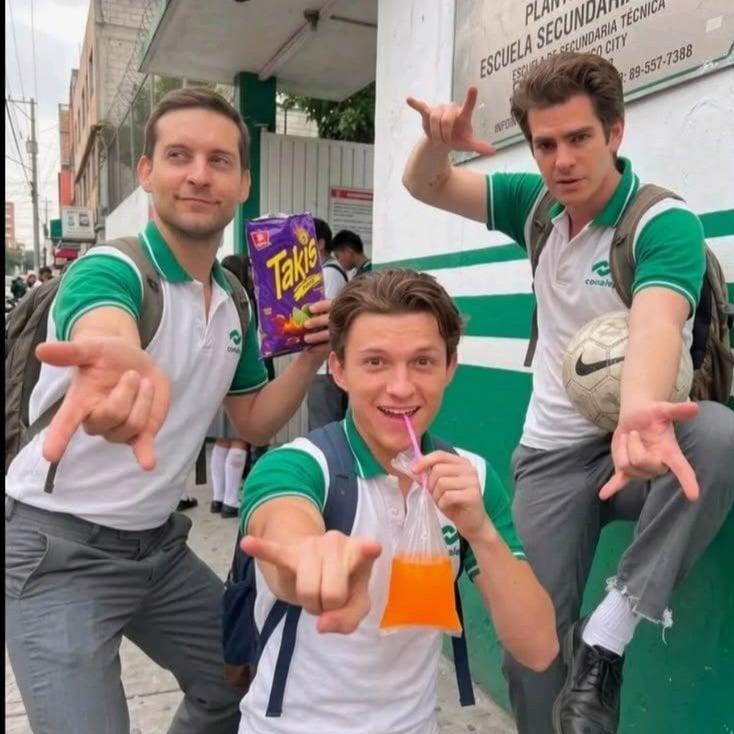 A composite photo of the three Spider-Man actors playing around while wearing Mexican school uniforms.
