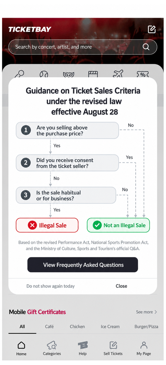 A pop-up screen in the TicketBay app showing a flowchart for determining illegal ticket sales.