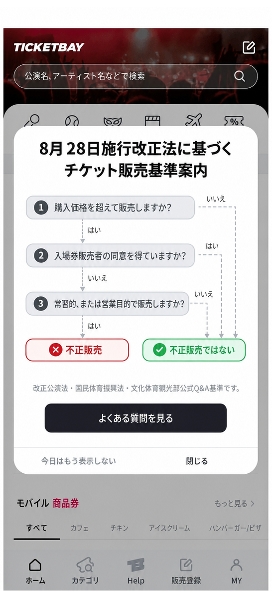 チケットベイ（TICKETBAY）の不正販売判断フローチャート案内のポップアップ画面