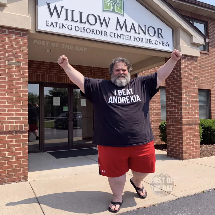 A large bearded man raises his fists in triumph outside an eating disorder recovery center while wearing a shirt reading 'I BEAT ANOREXIA'.