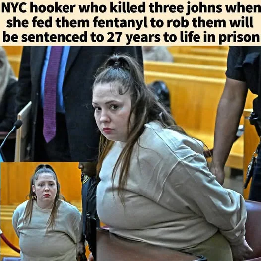 Courtroom photos showing a woman in a sweatshirt being escorted with hands cuffed behind her back, with an explanatory headline above.