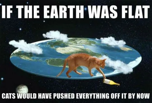 宇宙に浮かぶ平らな地球と、その端からワインボトルを突き落とす巨大な猫のミーム。