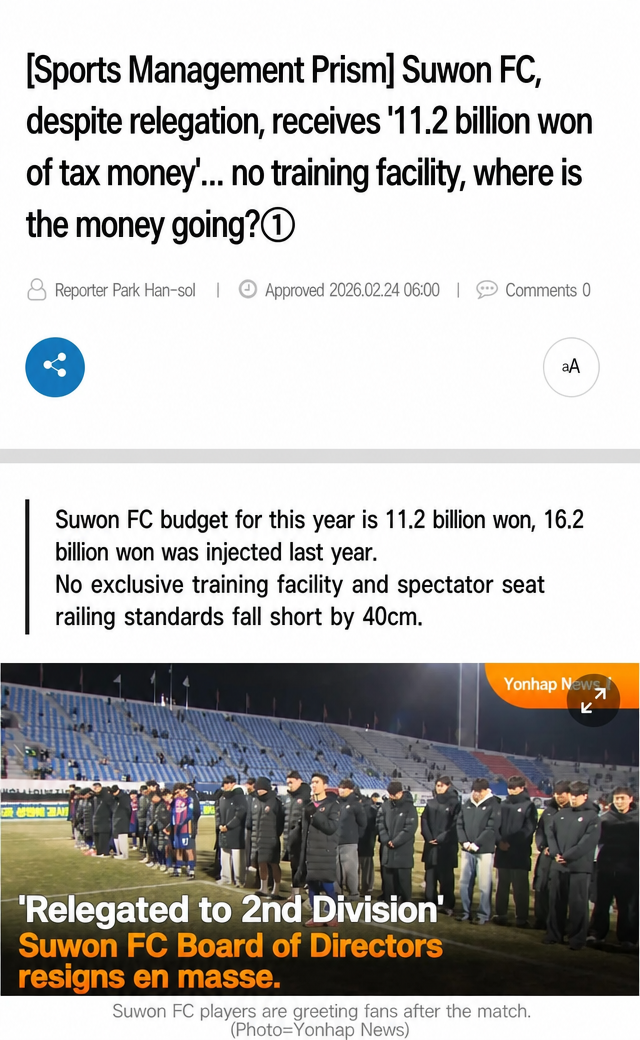 News article headline stating that 11.2 billion won in tax money was invested into Suwon FC, yet they don't even have a dedicated training ground.