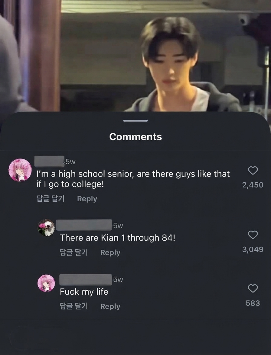 A screenshot of social media comments below a video of a handsome man, where a high school senior asks if there are guys like that in college, receiving a reply that they have Kian from 1 to 84 instead.