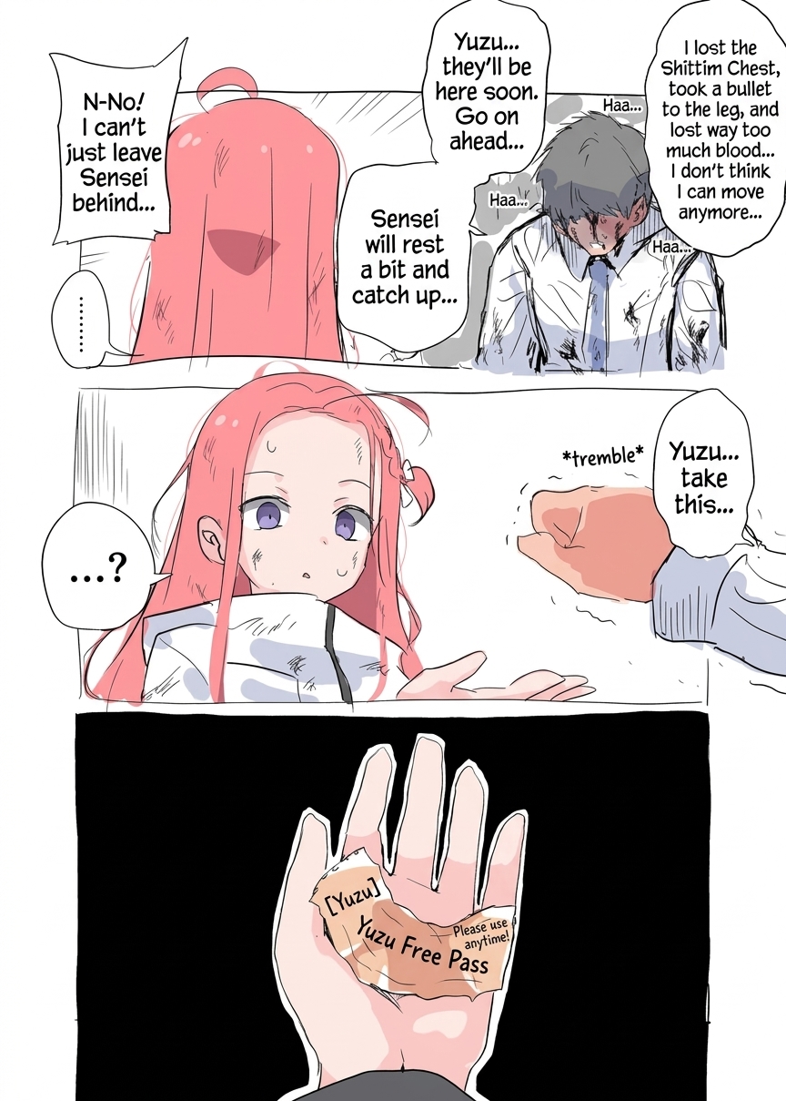 A fan comic of the mobile game Blue Archive. A bleeding, collapsed Sensei tells pink-haired Yuzu to run away first, handing her a crumpled paper coupon that reads 'Yuzu Free Pass'.