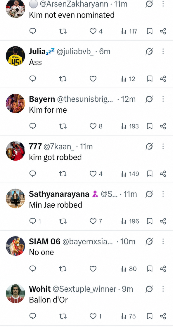 Screenshots of X comments from international football fans expressing frustration and calling it a robbery that Kim Min-jae was not even nominated