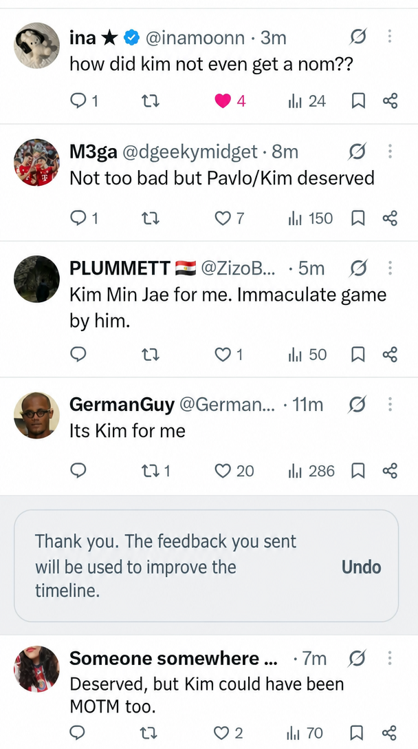 Additional comment reactions questioning how Kim Min-jae wasn't even nominated after having such a great game