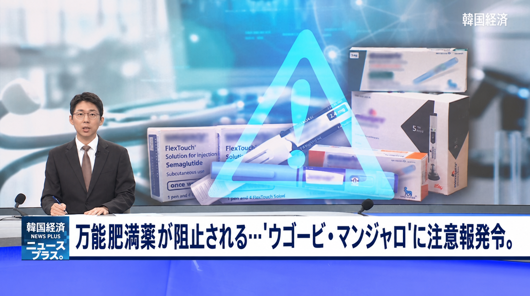 韓国経済ニュースの放送画面で、アンカーが「万能肥満薬が阻止される…ウゴービ・マンジャロに注意報発令」というテロップとともに肥満症治療薬関連のニュースを伝えている場面。