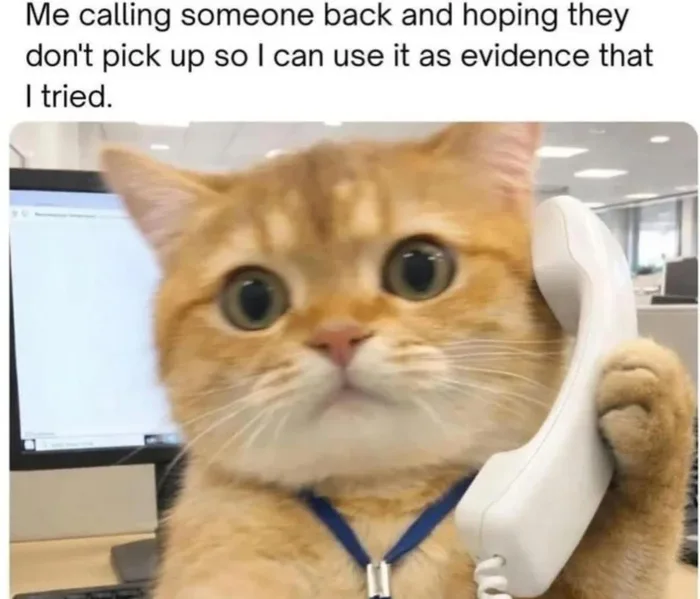 A cute ginger cat dressed as an office worker holding a landline phone receiver to its ear with wide, expectant eyes.