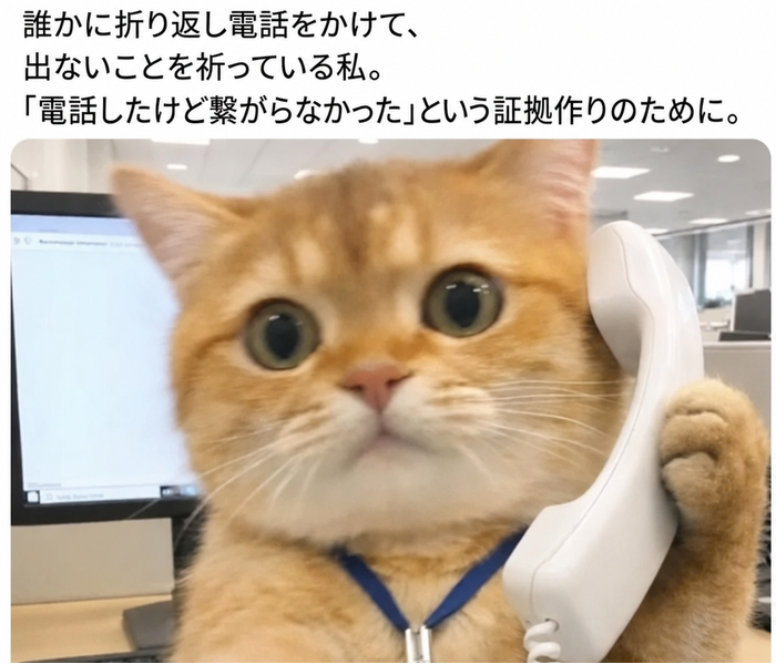 オフィスワーカーの格好をした可愛い茶トラ猫が、固定電話の受話器を耳に当てて、期待に満ちた目でこちらを見ている。