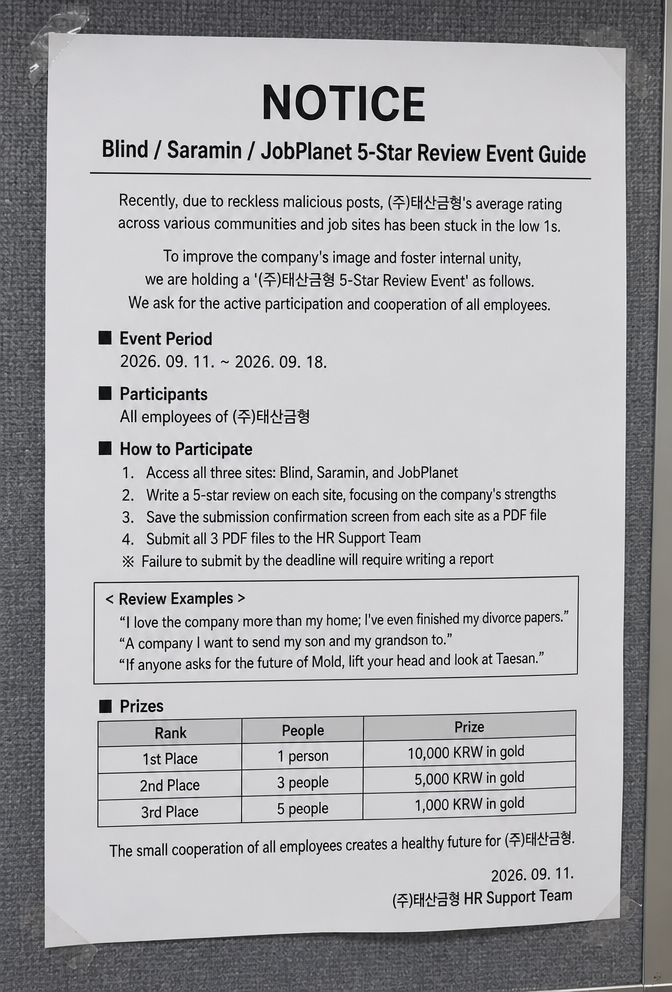 A wall notice from Taesan Mold announcing a 5-star review event for Blind, Saramin, and JobPlanet. It requires a written report if not submitted.