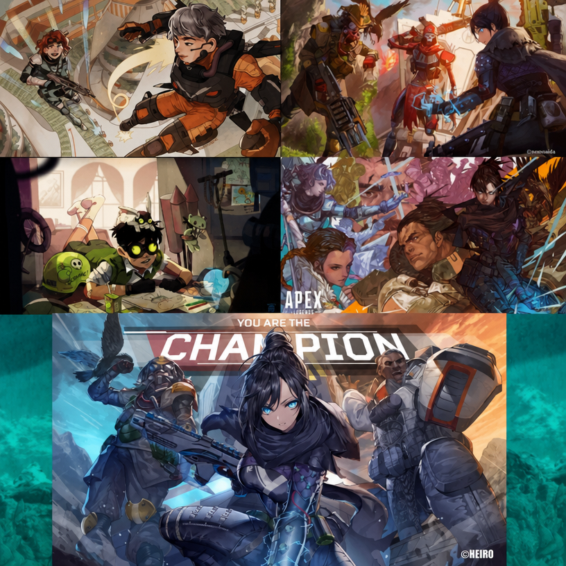 Collection of Apex Legends character illustrations drawn in various anime art styles.