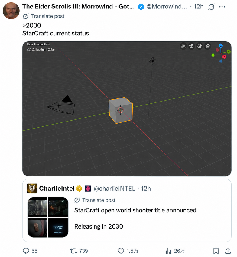 A screenshot of an X (Twitter) post mocking the news of a new open-world Starcraft shooter releasing in 2030 by showing the default Blender cube, captioned as the current state of development for 2030.