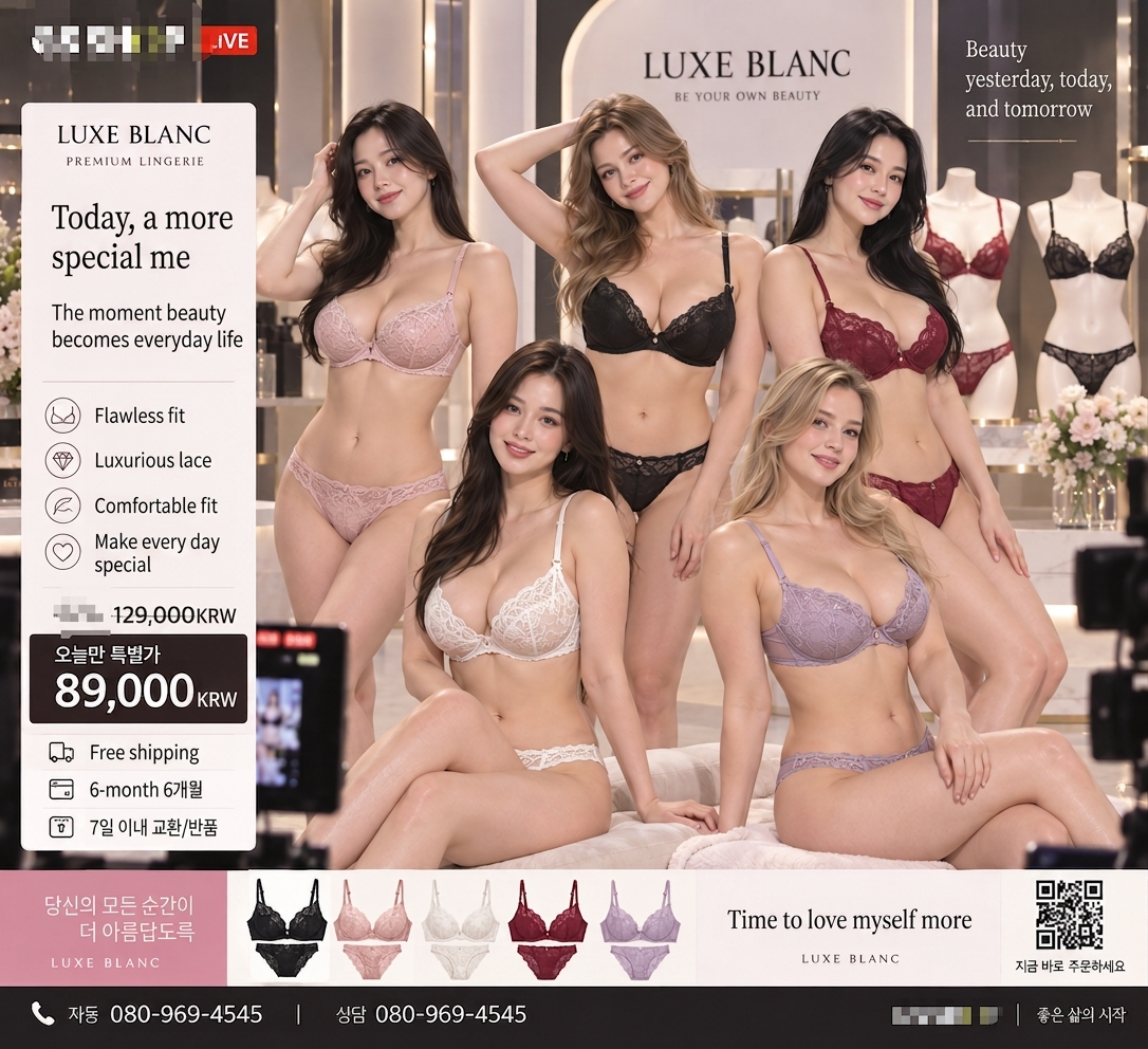 Home shopping broadcast screen showing five female models wearing lingerie in various colors posing together in a studio set.