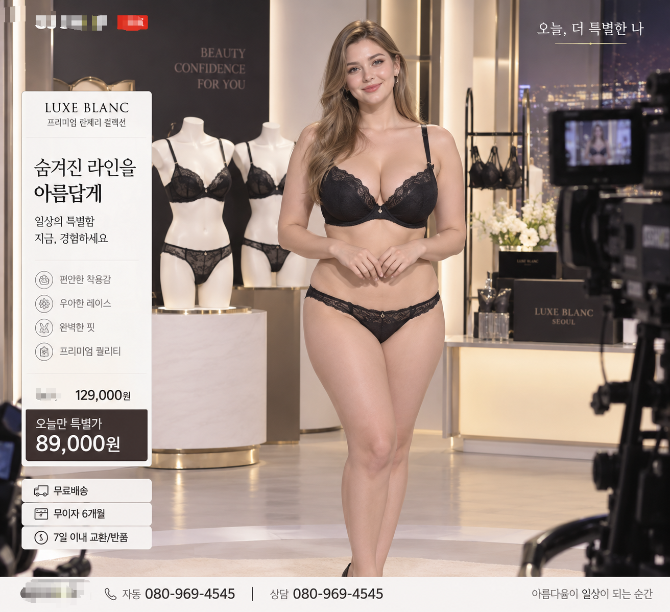 AIで生成された通販番組のスタジオでブラックランジェリーを着て立つ女性モデルと通販のグラフィック字幕画面