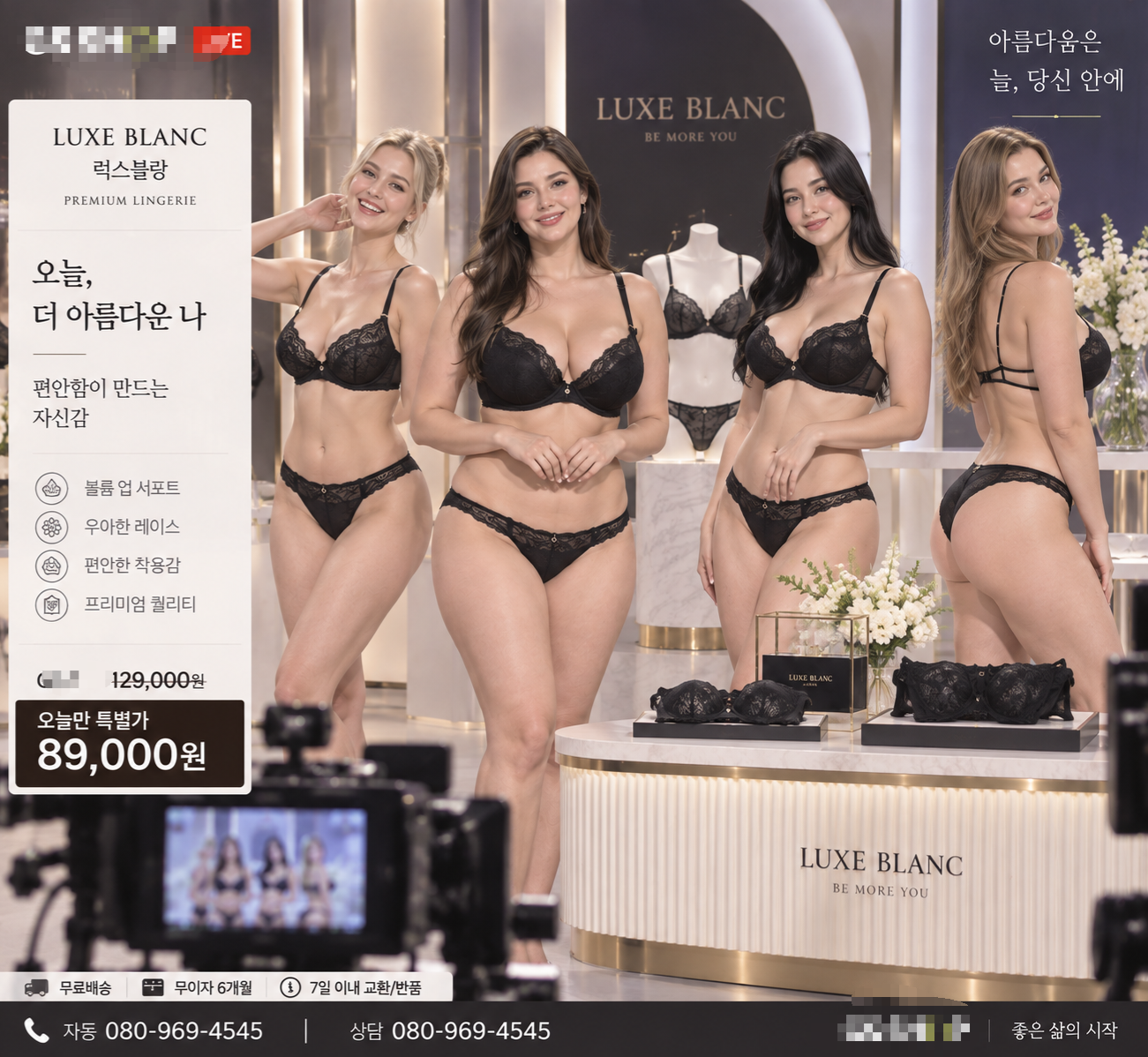通販番組のスタジオセットのテーブル周辺で思い思いのポーズをとって立つランジェリー姿の女性モデル4人の様子