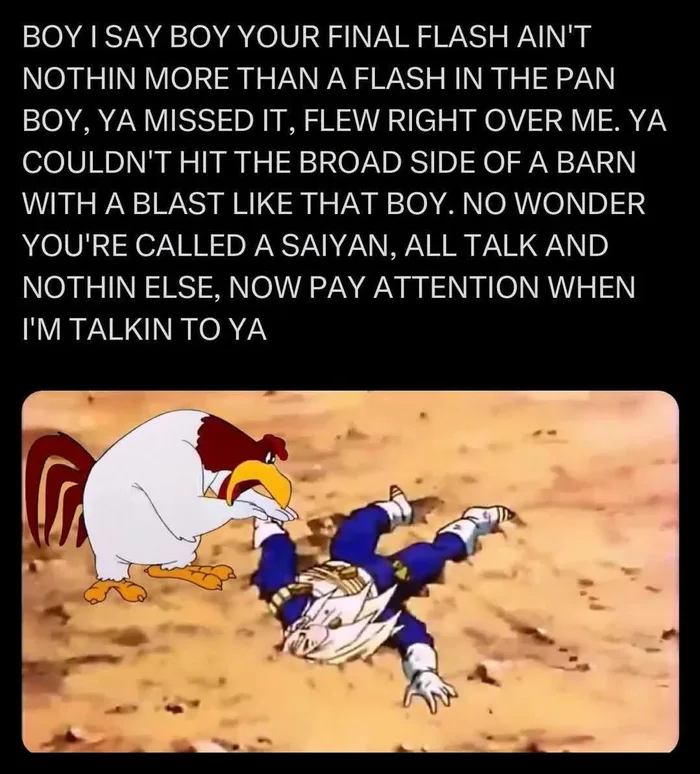 Foghorn Leghorn standing over a defeated Vegeta lying face down in a crater, lecturing him.