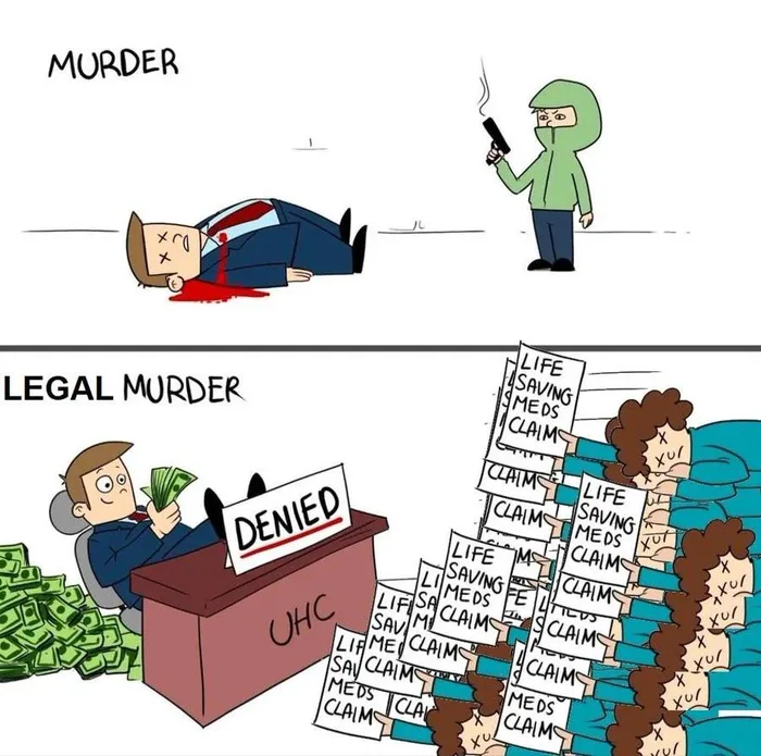 A two-panel cartoon comparing a gunman committing murder with a healthcare executive sitting on piles of cash denying life-saving medication claims labeled legal murder