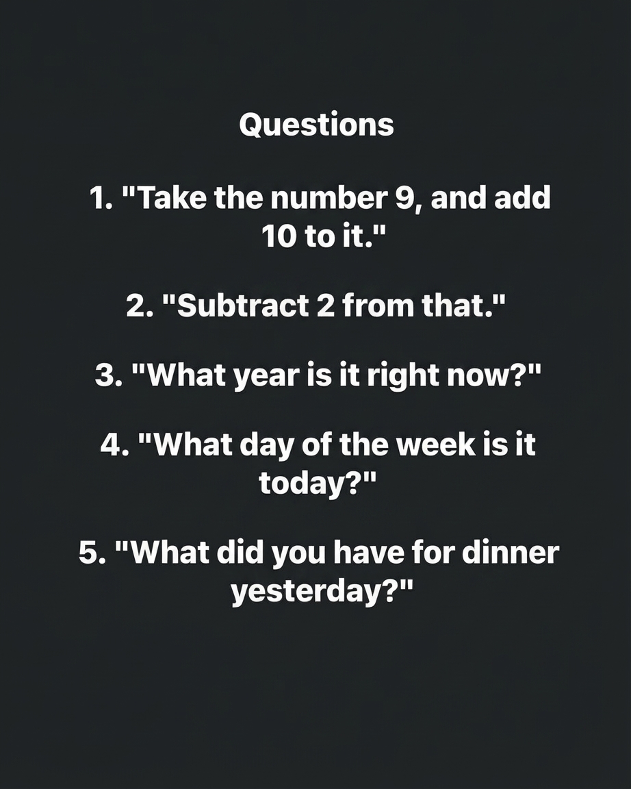 An image listing five questions involving addition, subtraction, the current year, the day of the week, and last night's dinner menu.
